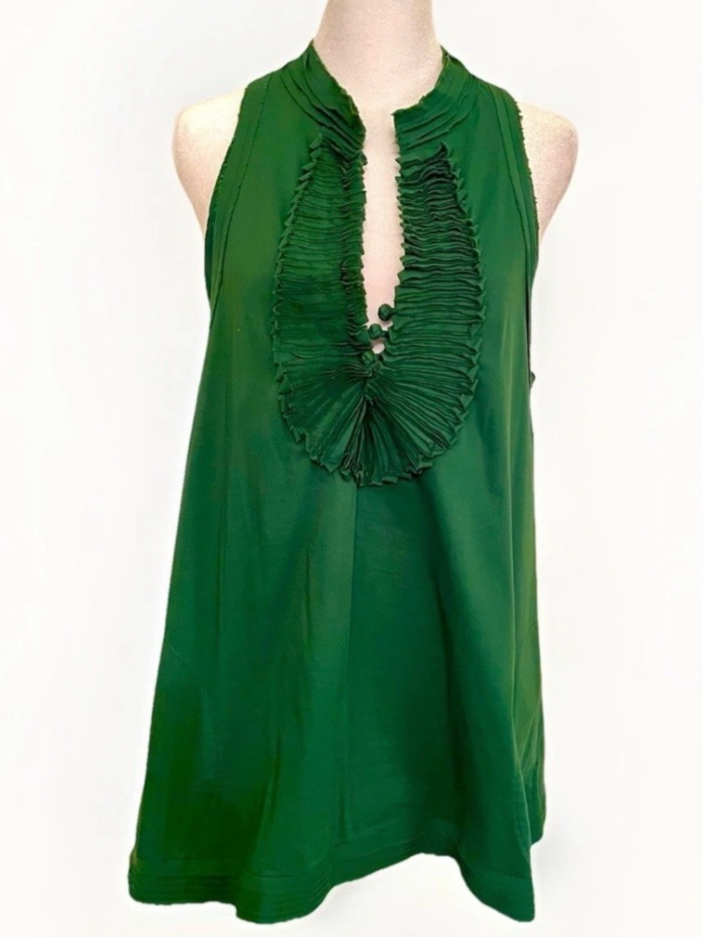 BCBGMAXAZRIA Sleeveless Ruffled Front Cotton Blend Tank Forest Green Top Size: M